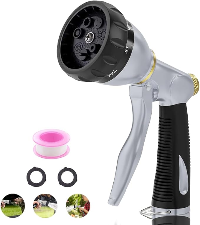 Garden Hose Nozzle Heavy Duty,100% Metal High Pressure Water Hose Sprayer Nozzle with 8 Adjustable Spray Patterns, Non-Slip Grip Hose Sprayer Outdoor for Watering Plants & Lawns, Washing Cars & Pets