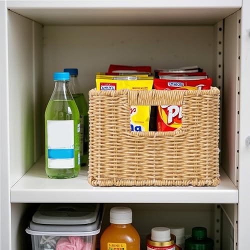YRMT Rattan Storage Basket Pantry Baskets with Built-in Handles Wicker Baskets for Organizing Waterproof Woven Nature 12" x 8" x6"