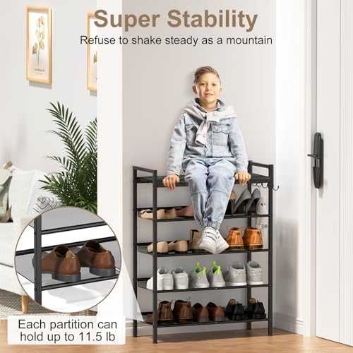 Shoe Rack for Front Door Entrance, 4 Tier Height-Adjustable Metal Shoe Rack, Sturdy Wooden Top and Tiltable Steel Frame Heavy Duty Shoe Organizer for Bathroom,Bedroom,Kitchen, Include Hook, Black