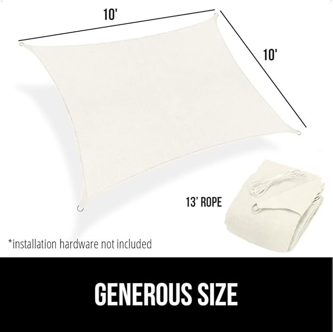GORILLA GRIP Heavy Duty Sun Shade, UV Protection Fade Tear and Rust Resistant Rectangle Sunshade Canopy, Curved Edges Blocks Sunlight, Breathable Sail, Outdoor Patio, Lawn Garden 10x10 FT Butter Ivory