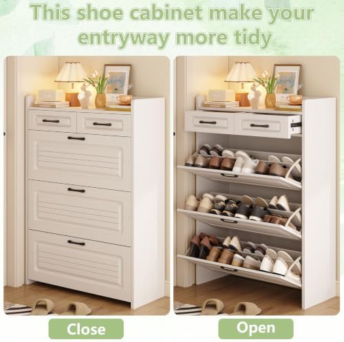 Shoe Storage Cabinet for entryway with 3 Large Flip Drawers Light White