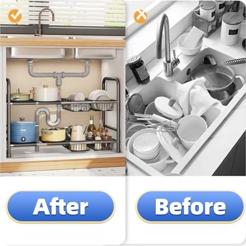Under Sink Organizer，2 Tier Expandable Heavy Duty Metal Shelf，with 5 Removable Panels and 5 Storage Basket for Under Kitchen Bathroom Sink Organizers and Storage (White, X-Large)