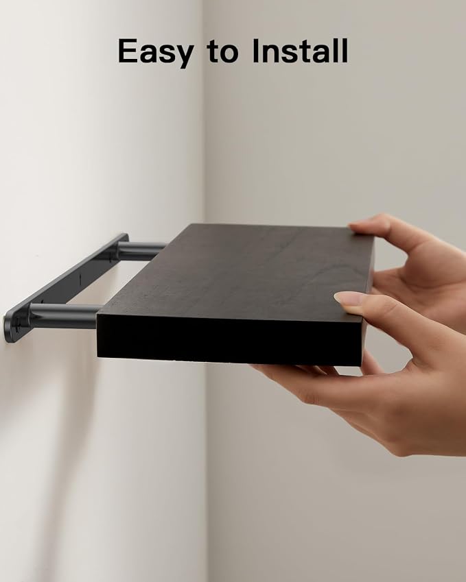 Amada Paulownia Wood Floating Shelves for Wall, Set of 4, Black | Wall Shelves with Solid Metal Concealed Brackets, 22 lbs Capacity per Shelf, Includes Drilling Template, Flexible 4-Piece Set