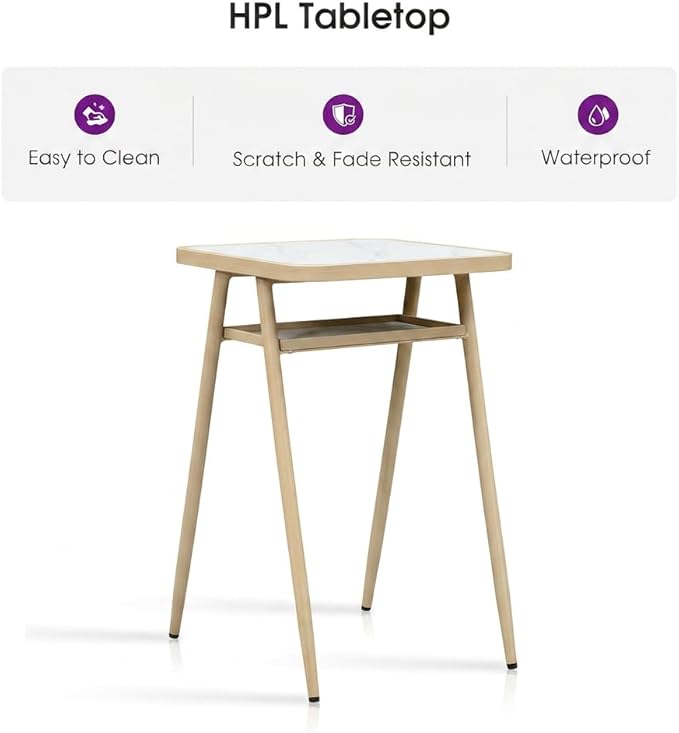 PURPLE LEAF Counter Height Bar Aluminum Table with Shelve for Indoor and Outdoor Garden Natural Wood Grain