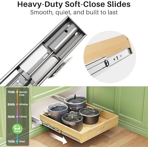 Pull Out Cabinet Organizer, Soft Close Wooden Slide Out Drawers for Pots and Pans, Full-extension Roll Out Shelves for Kitchen Cabinets, Pantry Organization, Bottom & Side Mount(12"W X 21"D x 3.4''H)