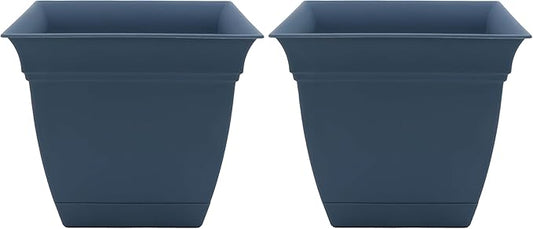 The HC Companies 6 Inch Eclipse Square Planter with Saucer - Indoor Outdoor Plant Pot for Flowers, Vegetables, and Herbs, Slate Blue (Pack of 2)
