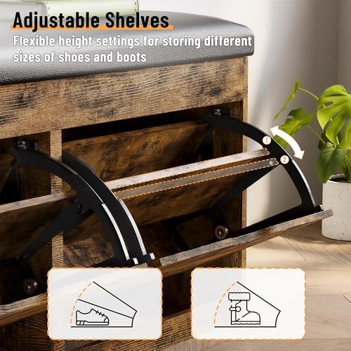 40" Shoe Storage Bench with 2 Flip Drawers & Padded Seat Cushion, Shoe Cabinet with Lift Top Storage Box, Shoe Bench Shoe Organizer for Entryway, Hallway, Living Room, Vintage Brown