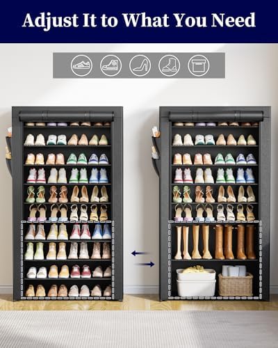 Kitsure 10-Tier Shoe Rack with Cover, Tall Shoe Shelf, 33" Wide, Black