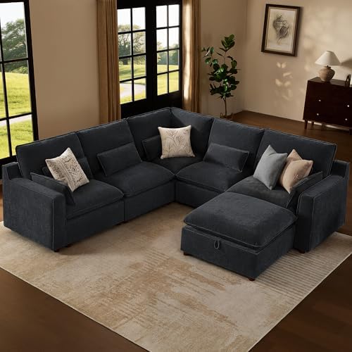 WorthFurni Modern Modular Sectional Sofa,105" V Shape Sectional Cloud Couch with Storage Ottoman,Comfty 6 Seat Sofa for Living Room,Black Chenille
