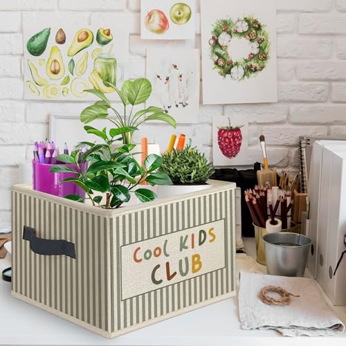 Boho Nursery Playroom Foldable Storage Bins Box with Handles, Cool Kids Club Striped Collapsible Toys Books Clothes Organizer Basket for Kids Nursery Room Playroom Bedroom Bathroom