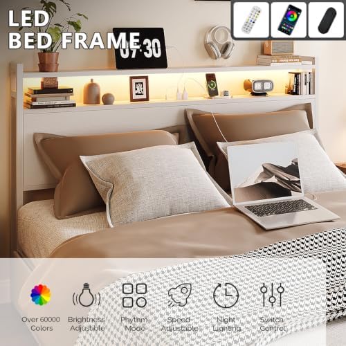 VINGLI Metal Bed Frame King with 4 Drawers and Storage Wooden Headboard Shelves, Platform with Charging Station and LED Lights, White