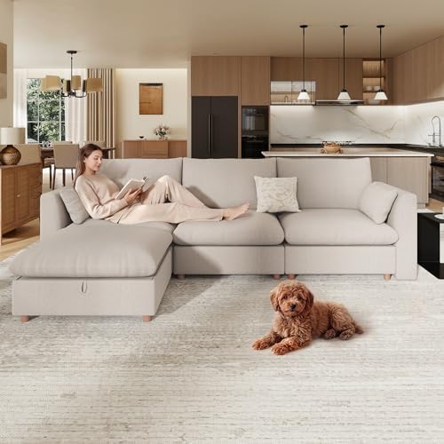 WorthFurni Oversized Modular Sectional Sofa,111" L Shape Sectional Cloud Couch with Storage Ottoman,Comfty 4 Seat Modular Sofa for Living Room,Sand Chenille
