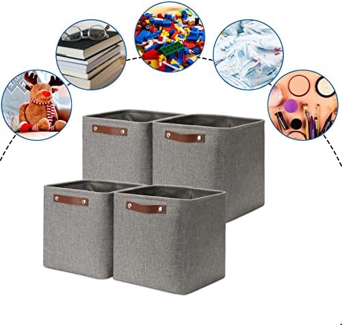DULLEMELO 11 inch Cube Stroage Bins 4 Pack Small Grey Square Storage Baskets Cube Organizer, Linen Closet Organizers and Storage Baskets for Shelves Bedroom Storage