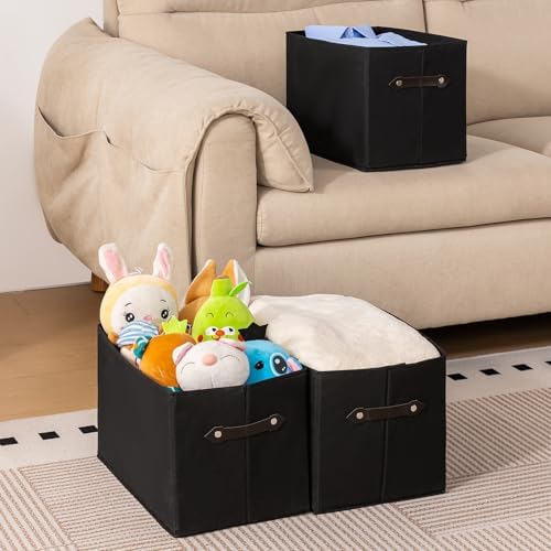 6 Pack Large Collapsible Storage Baskets for Shelves,14.9"x9.5" Fabric Closet storage Boxes with Leather Handles,Decorative Organizers Storage Bins for Clothes,Sheets,Toys,Books,(Black)