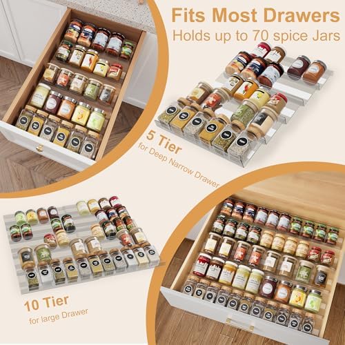 10-Pack Adjustable Spice Drawer Organizer | Expandable Seasoning Rack Tray (13" to 26"), Acrylic Insert with Anti-Slip Mat for Kitchen Cabinet (Jars Not Included)