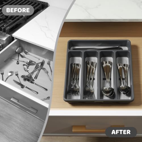 5-Compartment Silverware Organizer Tray with Icons for Kitchen Drawer