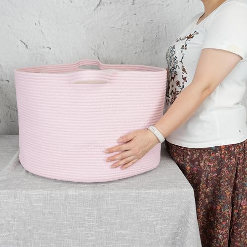 XUANGUO Extra Large Cotton Rope Round Storage Basket 22" x 14" Pink | Woven basket for blankets, toys, towels, laundry, nursery, living room and pet toy storage.