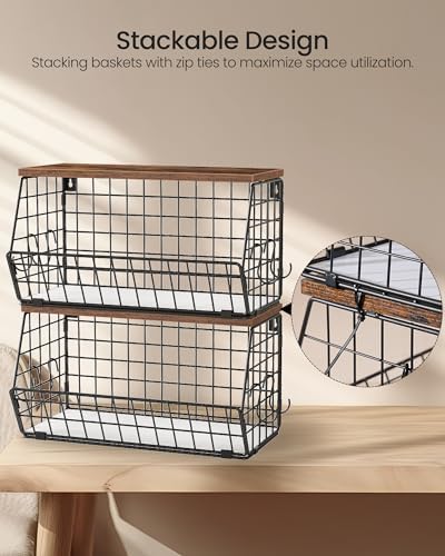 CHOEZON 2-Tier Fruit Basket for Kitchen, Stackable wire basket with Wooden Lid, Hanging Basket with 4 Banana Hanger Hooks, for Snack, Fruit, Vegetable Storage, Rustic Brown and Black TCW04P2BF