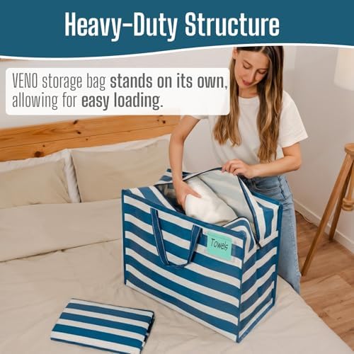 VENO Heavy Duty Moving Bags, 22 Gallon, Classic Navy Stripe, 4 Pack