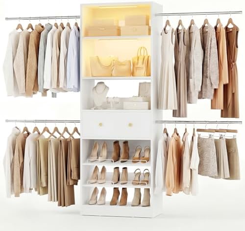 Armocity Wood Closet Organizer System with Sensing Light - 4FT-9FT Expandable Wardrobe Closet with Drawer & 4 Hanging Rods, Heavy Duty Walk-in Closet 1000Lbs for Bedroom Walk-in Closet, White
