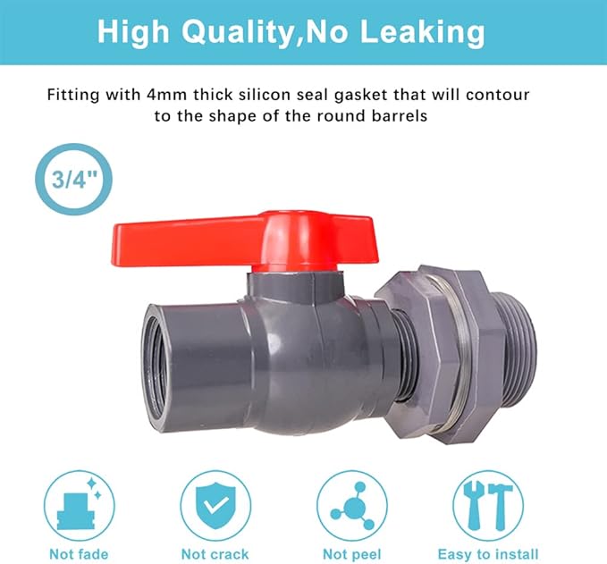 Ququyi 3/4 Inch PVC Rain Barrel Valve Spigot Kit with Ball Valve and Bulkhead Fitting Adapter for Water Tanks, Aquariums, Pools