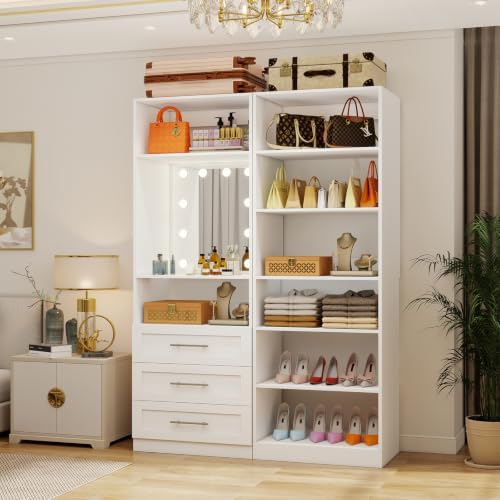 Closet System with 2 Sets, 4FT-15FT Modular Closet Organizer Systems with 3 Wooden Drawers 8 Shelves & 5 Hanging Rods, Custom Walk in Closet freestanding Closet Storage System White