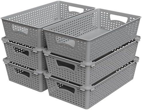 Simple Houseware Stackable Plastic Woven Basket Organizer, 6 Pack, Gray