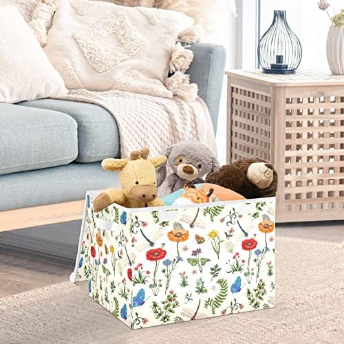 senya Large Storage Bins with Linen Summer Dragonflies Butterflies Poppies Flowers Collapsible Foldable Storage Cubes Fabric Closet Organizer Containers Box with Flip-Top Lid for Home Bedroom Office