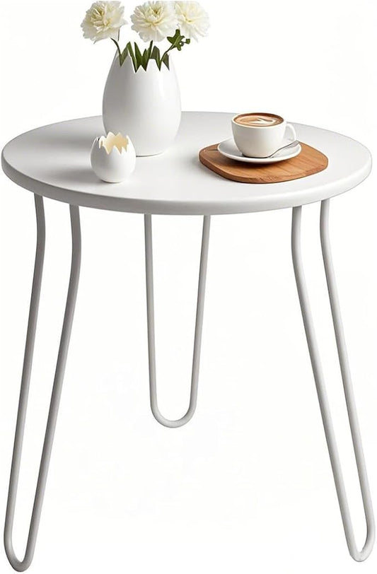 Small Patio Side Table, Weather Resistant Anti-Rust Outdoor Metal Patio Round End Table, Outdoor End Table for Garden, Porch, Balcony, Yard, (White)