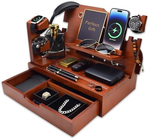 Nightstand Organizer for Men with Large Drawer Gift for Men Walnut