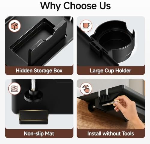 COOL-ANGLE Bedside Shelf with Cup Holder & Hidden Storage, Clamp-On Bedside Tray for Bunk Bed & College Dorm Room, Fits 2.9" Rails, Black