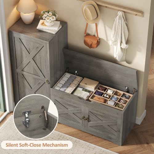 47'' Shoe Storage Bench, 7-Tier Storage Bench, L-Shaped Entryway Bench with Adjustable Shelves, Hidden Lift Top Storage Seat and 0.7'' Top Panel for Hallway Living Room, Grey