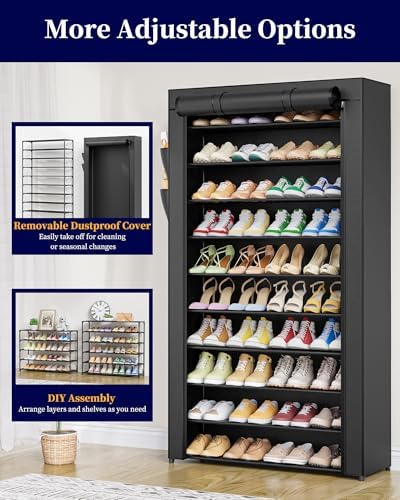 Kitsure 10-Tier Shoe Rack with Cover, Tall Shoe Shelf, 33" Wide, Black