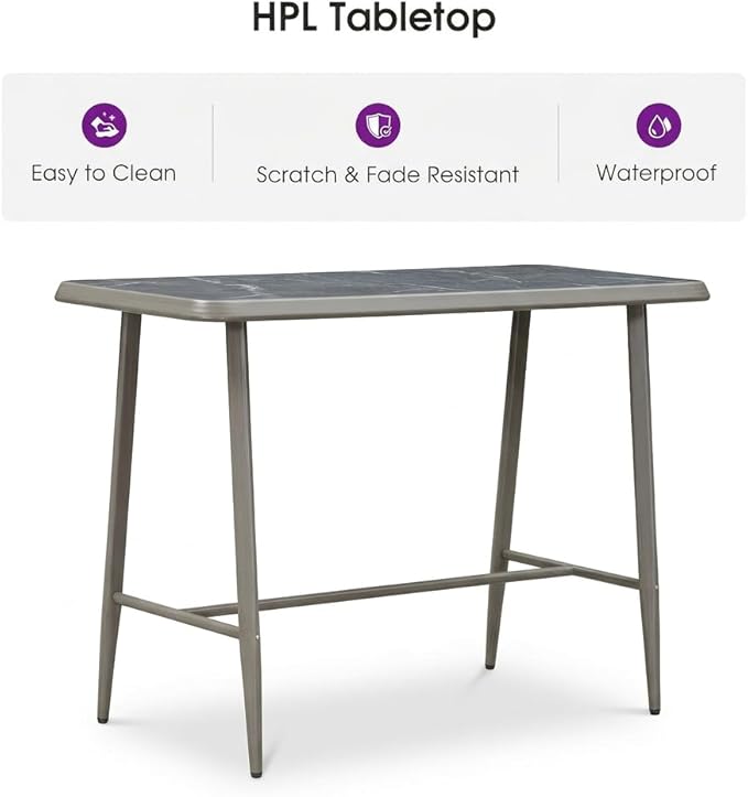 PURPLE LEAF Rectangular Patio Bar High Table Aluminum Stool Dining Table for Kitchen Indoor Outside Grey