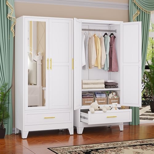 GAIOUS Steel Armoire WardrobeCloset with Mirror Door and Drawer 71" White