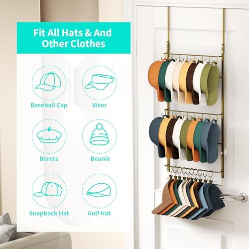 HapiRm Over Door Hat Rack - 3 Tier Wall Mounted Hat Organizer with 16 Hooks and 10 Movable Clips, Baseball Cap Organizer Storage Holds up to 26 Caps for Door, Bedroom, Closet USPTO Patent Pending