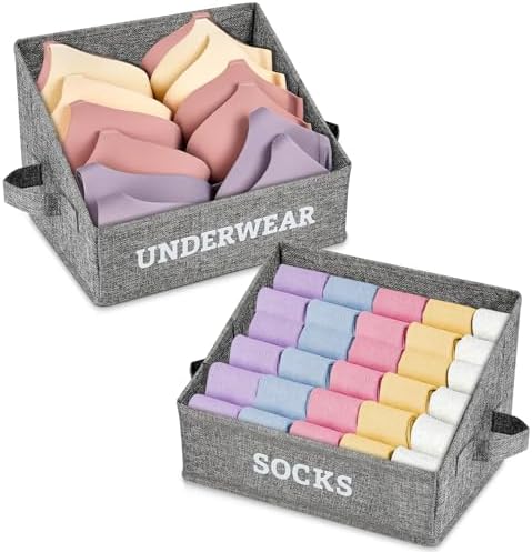 Lukeline 2 Pack Underwear and Sock Organizer,Foldable Closet Storage with Handle,Fabric Trapezoid Drawer Storage Baskets for Sock, Bra, Underwear, Tie