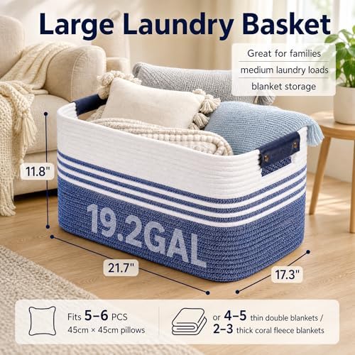 Cotton Rope Laundry Basket Large, 19.2GAL Collapsible Woven Storage Baskets for Living Room Kids Toys Stuffed Animal,Boho Rectangular Decorative Short Hamper for Dirty Clothes, Blankets Denim Blue