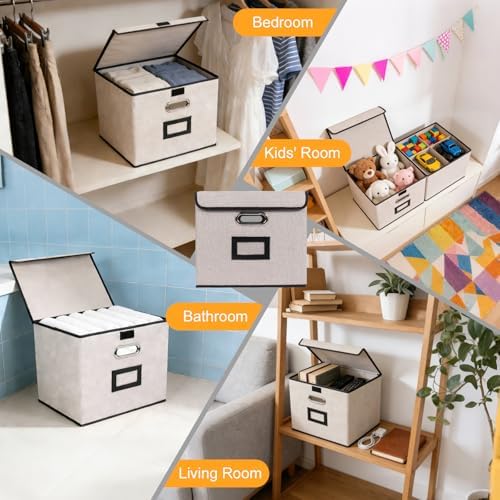 Large Square Storage Bin with Lid, Foldable Organizer Box with Handles & Label Design, for Office, Closet, Home, Documents, Grey, 12.20 x 10.63 x 10.63 Inches, 1 Pack
