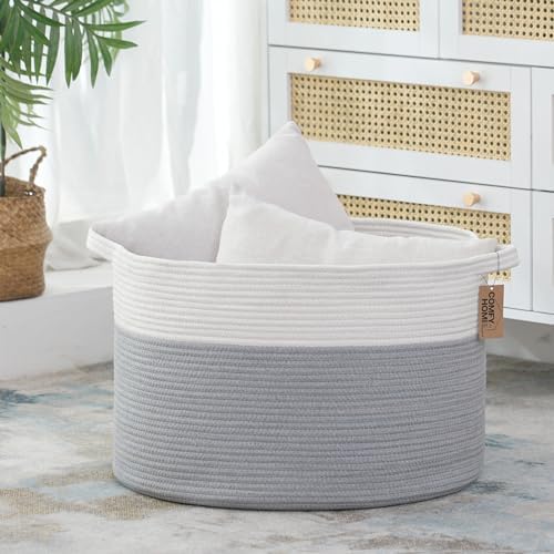 COMFY-HOMI XXXL Large Laundry Basket, Cotton Rope Nursery Woven Basket for Storage, Blanket Baskets Living Room Laundry Hamper, Dog Toy Storage Organizer, Home Decor-21''x21''x13.6''-White/Grey