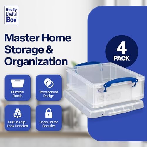 Really Useful Box 4 Pack Storage Bins, Clear Plastic Stackable Organizing Totes, 8.1 Liter