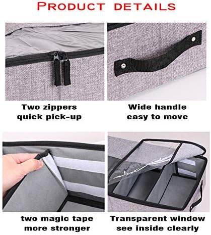 AARAINBOW Foldable Under Bed Clothes Organizer with Lid, Fabric Underbed Storage Container with Adjustable Dividers, Long UnderBed Storage Bins with Handles, Clear Shoes Storage Under Bed (2 Gray)