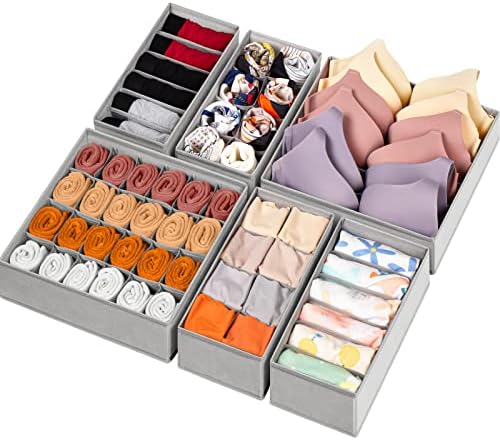 Criusia 6 Pack Sock Underwear Drawer Organizer Dividers, 58 Cell Foldable Fabric Dresser Closet Organizers and Storage Bins for Clothing, Baby Clothes, Bra, Panty, Scarf, Ties (Grey)