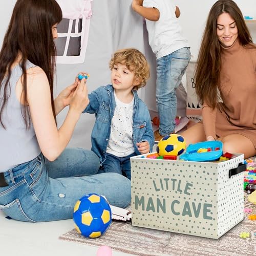 Little Man Cave Boys Storage Bins Box with Handles, Blue Dots Collapsible Basket Organizer for Kids Boys Playroom Nursery Room Bedroom Bathroom Books Clothes
