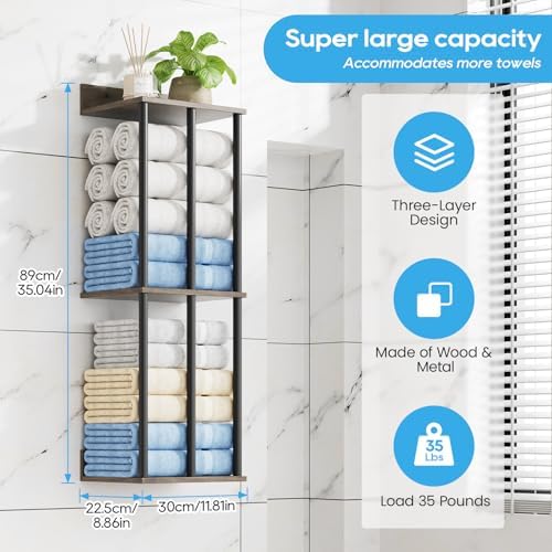 Towel Racks for Bathroom Wall Mounted with Wooden Storage Shelf | Updated 3 Bar Metal Towel Holder for Rolled Towels, Sturdy and Large Capacity, Towel Storage Organizer