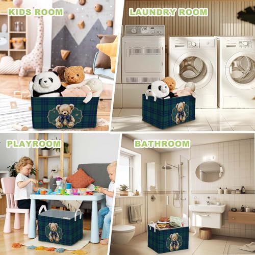Teddy Bear Baby Shower Decorations,Teddy Bear Storage Baskets,Bear Nursery Decor,Large Square Canvas Laundry Hamper With A Waterproof PE Coating,Foldable Kids Toy Clothes Bins for Bedroom