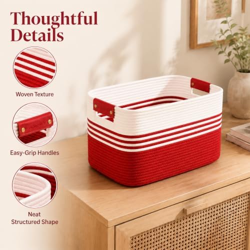 12.8GAL Kids Stuffed Animal Toy Storage Organizer, Cute Mini Nursery Laundry Basket for Baby Girls Boys Dirty Clothes, Picture Books, Small Cotton Rope Wicker Hamper for Bathroom Towels White Red