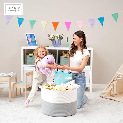 Huddle XXXLarge WASHABLE Blanket Basket for Living Room,Toys Storage, Baby | Woven Decorative Soft Cotton Rope Big Blanket Basket+Mini Basket for Nursery, Dog Toys, Storage, Organization Bins 22x14 Grey