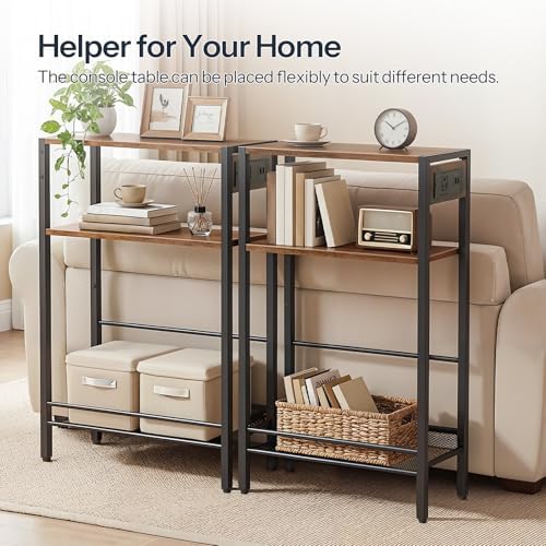 HOOBRO 15.7" Narrow Console Table with Charging Station, 3 Tier Entryway Table for Small Space, Behind Couch Table, Sofa Table, for Entryway, Hallway, Living Room, Rustic Brown and Black BF42UXG01