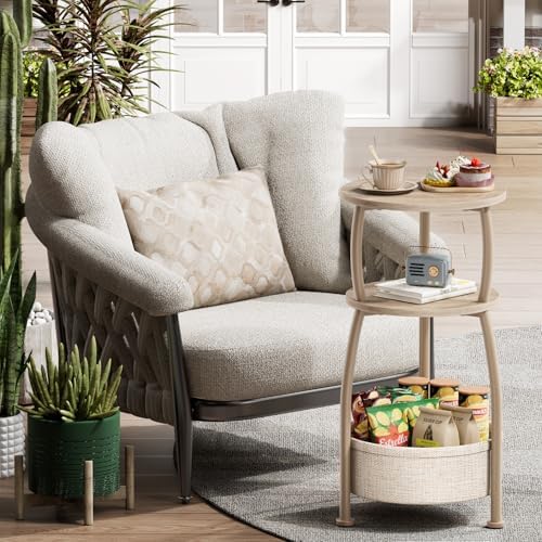 Small Side Table with Storage Basket for Living Room, 11.81in | Round End Table Bedroom, 3-Tier Bedside Table Stand for Entry, Garden, Spaces Saving, Tall 24in, Farmhouse Light Oak